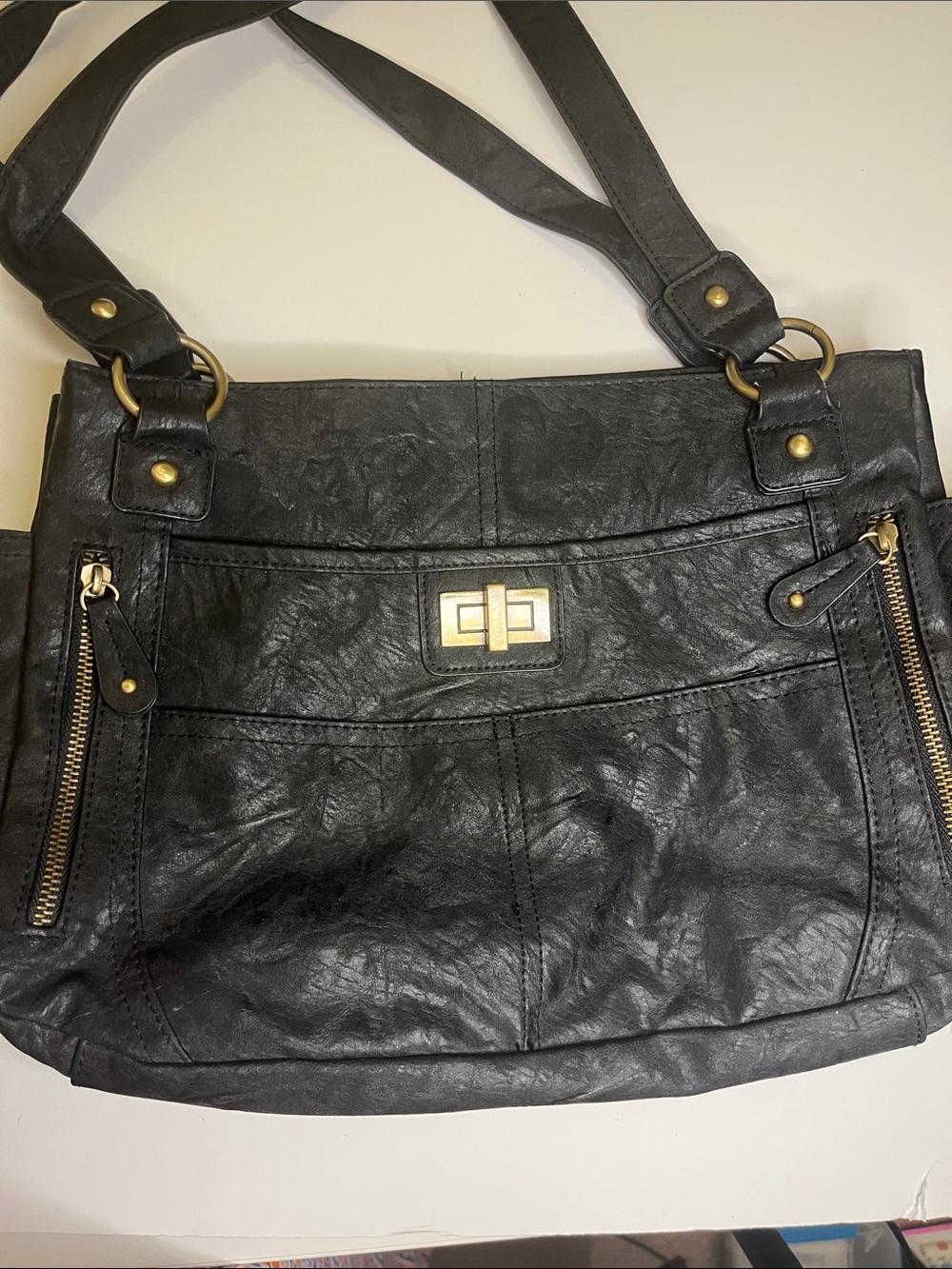 Bueno Shoulder Bag, Washed Soft Faux Leather Dual Straps, Gold Twist Lock